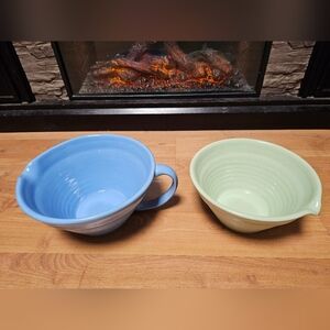 Vintage Pottery Blue Ring Ware Ribbed Batter Mixing Bowl And Green Ribbed Bowl